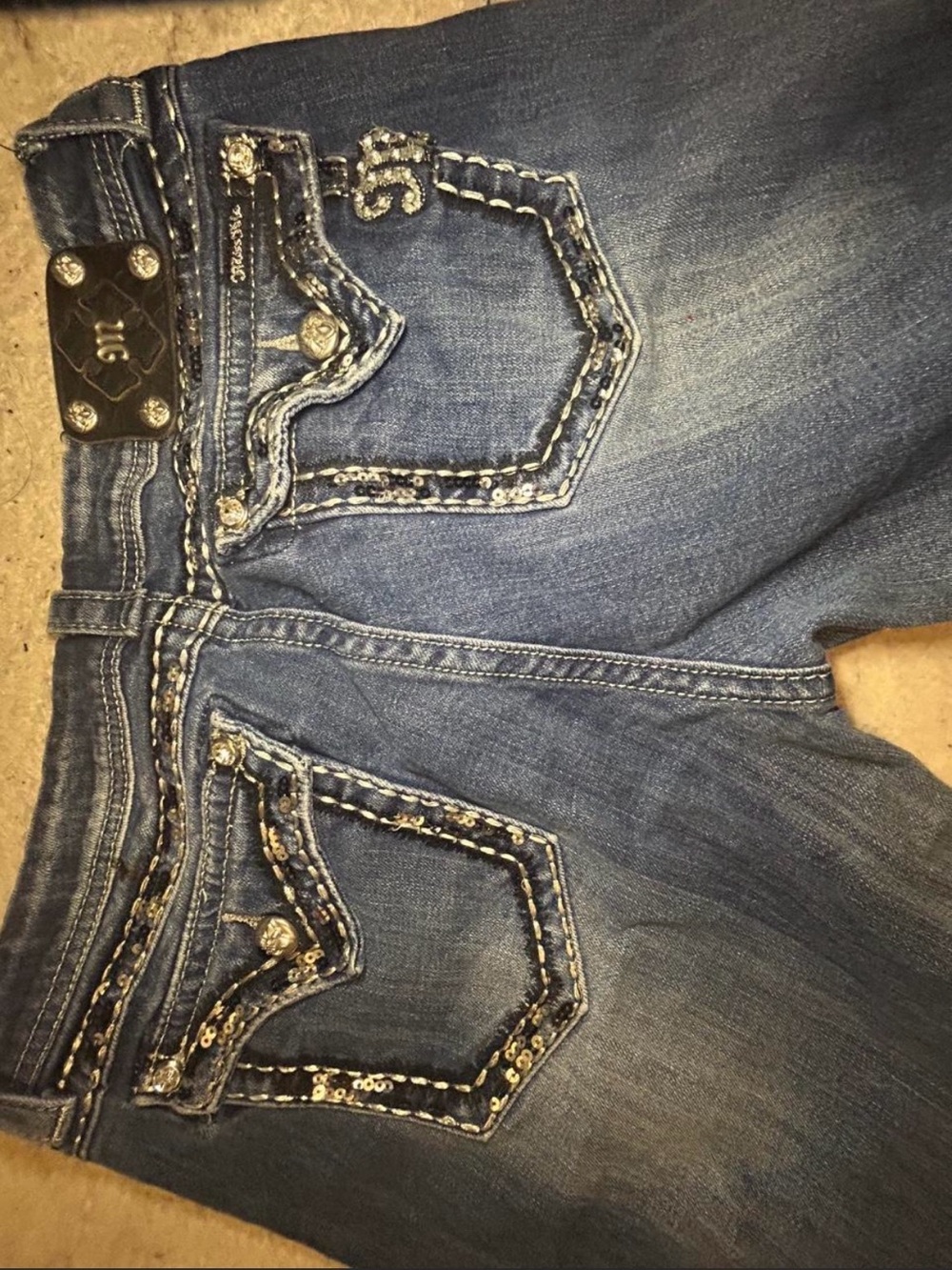 Miss Me Dark Blue Bootcut Jeans with Sequin Pocket Trim